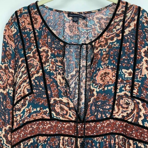 American Eagle Rustic colored Boho Retro Paisley Print Long Bell Sleeve Blouse M - Picture 5 of 16